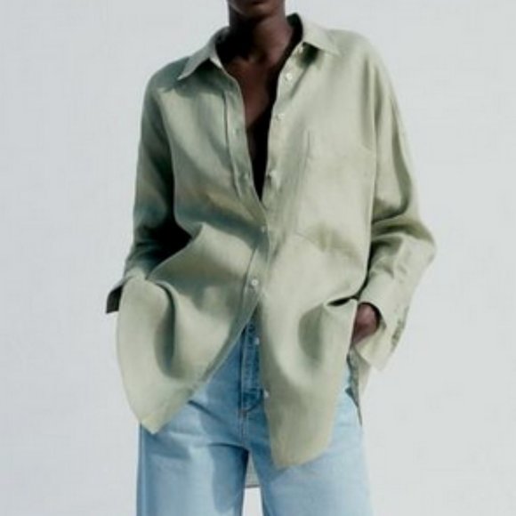 Zara Tops Zara Linen Shirt With Pocket Green Poshmark
